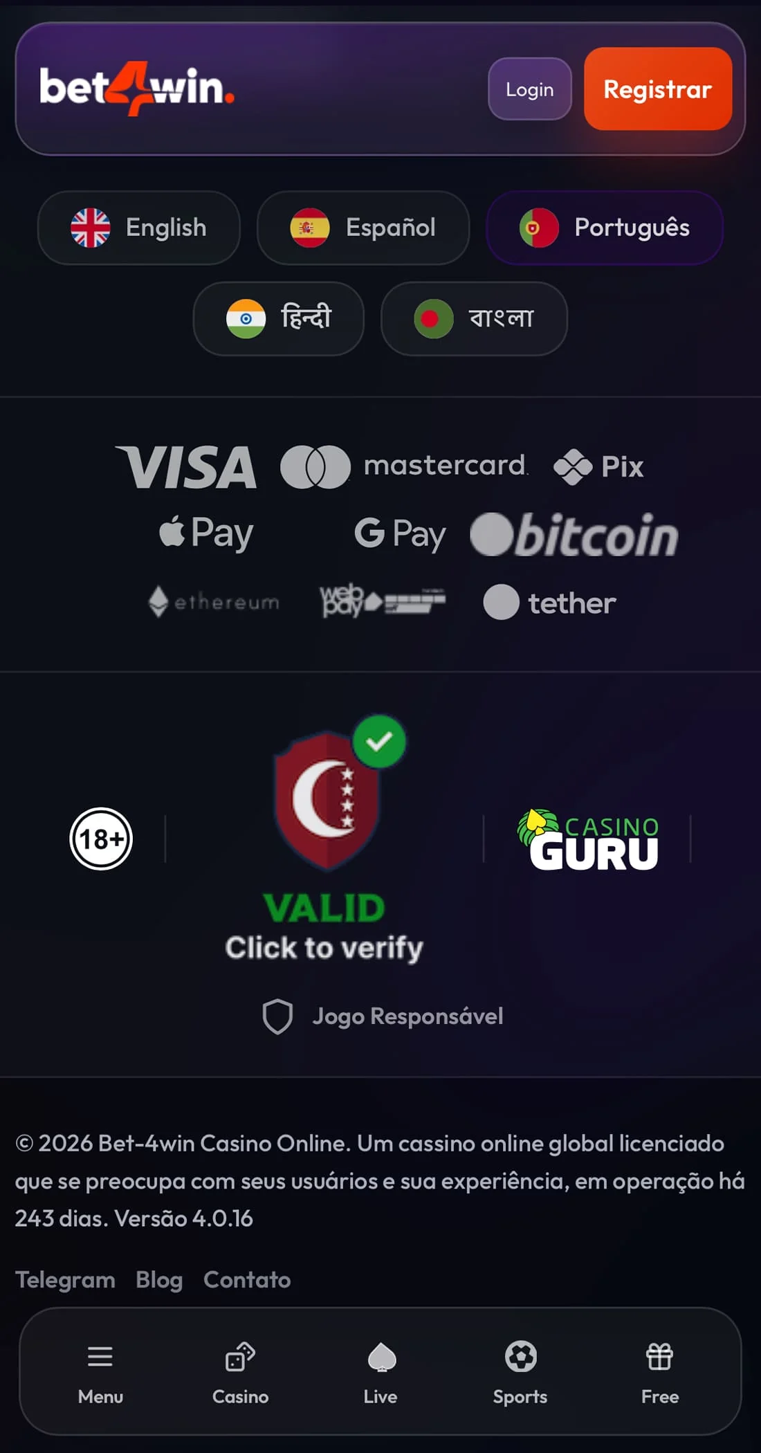 Rodapé do app Bet4win mostrando métodos de pagamento incluindo PIX, Visa e Mastercard