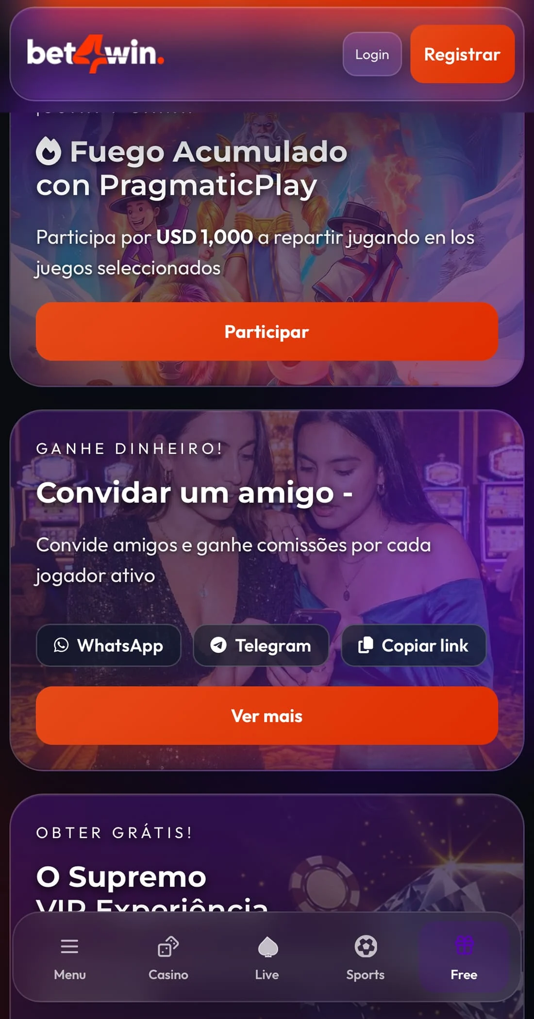 Tela de promoções do app Bet4win com o programa de indicação de amigos