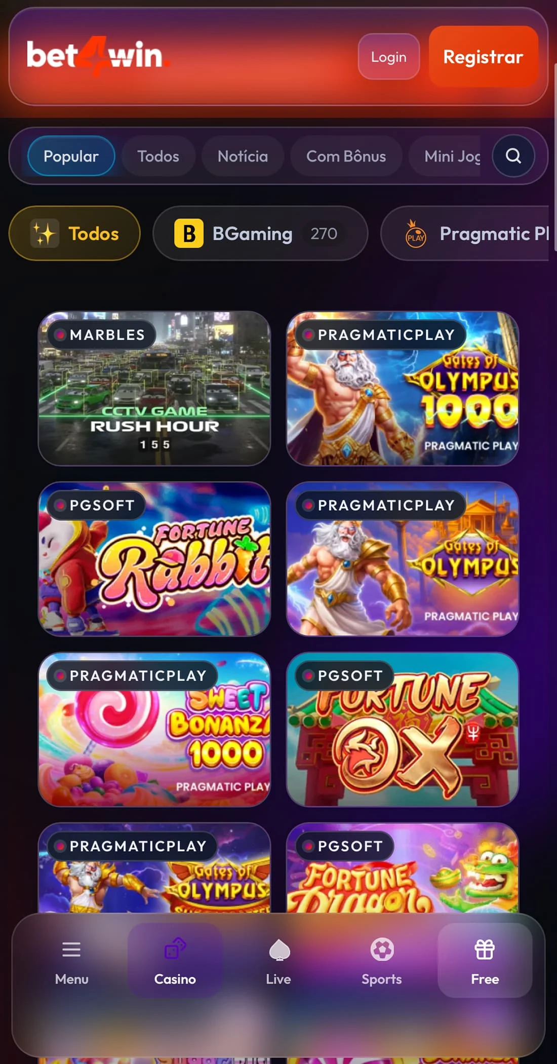 Catálogo de slots do Bet4win Casino no aplicativo Android, com jogos da Pragmatic Play e PG Soft